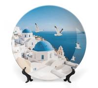 WAFICAC Santorini Island Decorative Ceramic Display Plate 6inch Round Hanging Bone China Plate with Display Stand for Kitchen Dining Room Wine Cabinet Home Décor Art Decoration