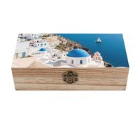 WAFICAC Santorini Island Sea View Wood Storage Box with Lid Solid Wood Container Box Decorative Table Large Rectangular Smooth Rustic Style Keepsake Boxes for Jewelry, Photos, Crafts & Gifts