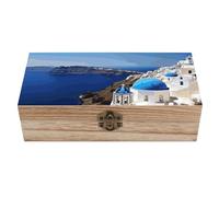 WAFICAC Santorini Island Sea View Wood Storage Box with Lid Solid Wood Container Box Decorative Table Large Rectangular Smooth Rustic Style Keepsake Boxes for Jewelry, Photos, Crafts & Gifts