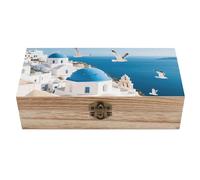 WAFICAC Santorini Island Wood Storage Box with Lid Solid Wood Container Box Decorative Table Large Rectangular Smooth Rustic Style Keepsake Boxes for Jewelry, Photos, Crafts & Gifts