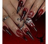 WAFOLOZE Halloween Press on Nails Long Tip Claret Ombre Fake Nails with Spider Web a Little Glitter Glossy Design, Artificial False Nails Press Ons Glue on Nails For Women