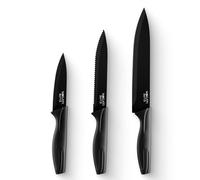 WAGATI Sharp Kitchen Knife Set of 3 - Black Kitchen Knives - Stainless Steel Non Stick Blades - Includes Chef Knife, Tomato Knife and Paring Knife - Ergonomic Soft Touch Handles