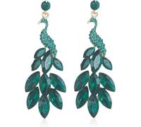 WAGMY Vintage Peacock Earrings for Women Gold-Plated Green Crystal Feather Peacock Statement Drop Pendant Earrings Boho Over-The-top Birthday Holiday Jewelry