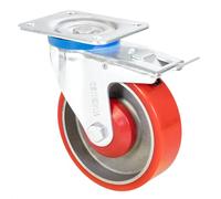 Wagner 04022501 Soft Heavy Duty Swivel Castor - Diameter 125 mm, Height 155 mm, Steel & Cast Iron, Red/Silver, Lock & Mounting Plate 85 x 105 mm, Load Capacity 300 kg