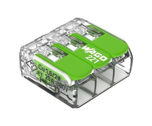 Wago 221-423 4mm² 3-Way Compact Splicing Connector - Green (50 Full Box)
