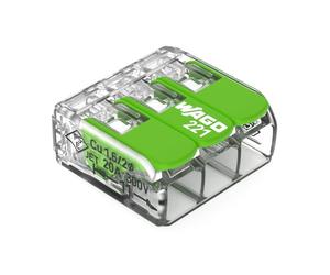 WAGO Green Range Terminal Block 3-Wire, to 4 mm², Splicing Connectors 3-Pole with Lever for All Conductor Types Pluggable, 221-423, 12 pcs