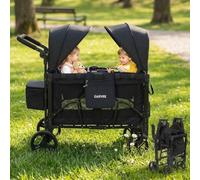 Wagon for Kids to Sit in, 2 Seater Stroller Folding Pull Along Wagon with Removable UPF 50+ Canopy, All-Terrain Wheels & Foot Brake, Heavy Duty 60kg Capacity Kids Trolley for Camping, Beach, Festivals