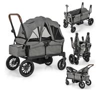 Wagon Stroller for 2 Kids, Collapsible Adjustable Push Pull Handle Bar, 2 Seater Stroller Wagon with Removable Canopy Snack Tray, Comfortable Drop-Down footwell and Upholstered Seats (Gray)