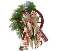 Wagon Wheel Christmas Wreath, Rustic Wooden Wagon Wheel Wreath with Plaid Ribbon, Pine Cones, Red Berries, Snowy Greenery, Farmhouse Door Decor Christmas Wreaths for Front Door