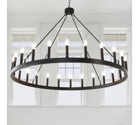Wagon Wheel Farmhouse 60-Inch, Black Chandelier Dining Round Iron Industrial Chandeliers Fixture for Living Room, Foyer, Entryway, E12(48''-24 Light)