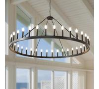 Wagon Wheel Farmhouse 60-Inch, Black Chandelier Dining Round Iron Industrial Chandeliers Fixture for Living Room, Foyer, Entryway, E12(60''-36 Light)