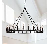 Wagon Wheel Round Outdoor Porch Chandelier - 24-Light Black Mid Century Candle Style Large Chandelier