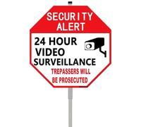 WAGSUO Security Alert 24 Hour Video Surveillance Trepassers Will Be Prosecuted Sign 10" X 10" With 28" Long Metal Stakes Reflective Aluminum Weather Fade Resistant