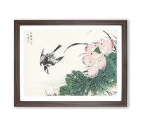Wagtail Bird & Pink Lotus By Numata Kashu Asian Japanese Framed Print | A2 Walnut Framed Wall Art | Ready to Hang | Asian Floral Picture | Living Room Bedroom Lounge Office