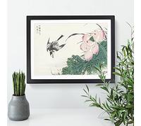 Wagtail Bird & Pink Lotus By Numata Kashu Asian Japanese Framed Print | A3 Black Framed Wall Art | Ready to Hang | Asian Floral Picture | Living Room Bedroom Lounge Office