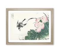 Wagtail Bird & Pink Lotus By Numata Kashu Asian Japanese Framed Print | A3 Oak Framed Wall Art | Ready to Hang | Asian Floral Picture | Living Room Bedroom Lounge Office