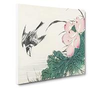 Wagtail Bird & Pink Lotus by Numata Kashu Canvas Print | Gallery Wrapped 30mm Frame Wall Art | 20x20 inches | Ready to Hang | Modern Animals Picture | Living Room Bedroom Lounge Office