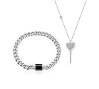 [Wagurum] 2 Pcs His and Her Matching Couple Bracelet Necklace Set Stainless Steel Heart Key Pendant Necklace Lock Charm Bracelet