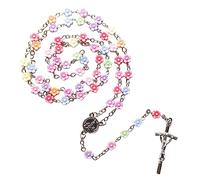 [Wagurum] Rosary Beads Necklace Jesus Crucifix Catholic Prayer Gift Cross Pendant Necklace Flower Beads Necklace Jewelry Gift