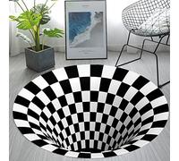 wahome 3D Illusion Doormat Trap Floor Mat Dog Vertigo Carpet Black White Lattice Round Rug (C)