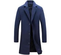 WAIDFU Mens Wool Overcoat Long Trench Coat Regular Fit Notched Collar 3 Button Winter Woolen Jackets Peacoat NavyBlue