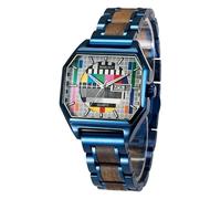 Waidzeit MO04 Blue Stainless Steel Watch with Walnut Wood Octagonal Retro Test Image Dial, Date & Day of the Week