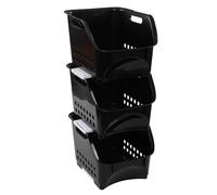Waikhomes 3 Pack Plastic Stacking Storage Basket, Stackable Storage Bin, Black