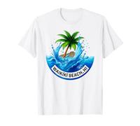 Waikiki Beach Hawaii Palm Tree Wave Design T-Shirt