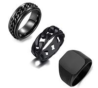 WAINIS 3 Pcs Mens Stainless Steel Black Signet Biker Rings for Men Fidget Chain Ring Cuban Link Band Ring Set Size 7-12, Metal, Cubic Zirconia