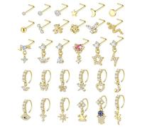 WAINIS 30Pcs 20G Dangle Nose Ring for Women L Shaped Dangling Nose Stud Surgical Steel Nose Ring Studs Dainty CZ Flower Heart Moon Star Dangle Rings Hoops Nose Piercing Jewelry, Stainless Steel, Cubic