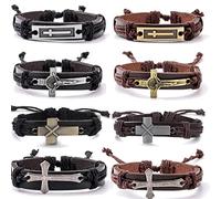 WAINIS 8PCS Braided Leather Cross Bracelets for Men Easter Basket Stuffers Woven Bracelet Vintage Religious Christian Adjustable Wristband Bracelets Set, adjustable, rope, Cubic Zirconia