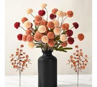 Waipfaru 12pcs Fake Silk Pompon Mum Artificial Fall Flowers, Faux Mini Chrysanthemums with Eucalyptus Stems, Fall Decor for Centerpieces Wedding, No vase, Multicoloured