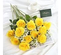Waipfaru 20 Pcs Fake Yellow Roses Babys Breath Artificial Flowers Bulk, Silk Yellow Rose Faux Babys Breath with Long Stems for Wedding Bouquet Vase Flower Arrangement