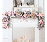 Waipfaru 2PCS 6FT Christmas Garland with Lights, Pink Christmas Decor, Rose Gold Lighted Flocked Garland with Flower, Berries, Balls, Pinecone, Pink Garlands for Mantle Table Stairs Indoor Decor