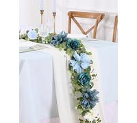 Waipfaru 6.07Ft Artificial Eucalyptus Garland With Flowers - Wedding Table Decorations, Floral Rose for Centerpieces, Backdrop Wall Flower Vines, Room Decor (Dusty Blue)
