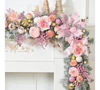 Waipfaru 6FT Christmas Garland with Lights, Pink Christmas Decor, Rose Gold Lighted Flocked Garland with Flower, Berries, Balls, Pinecone, Pink Garlands for Mantle Table Stairs Indoor Outdoor Decor