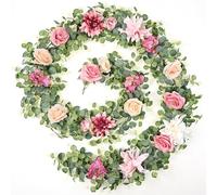 Waipfaru 8.85Ft Flower Garland, Eucalyptus Greenery Garland with Flowers, Pink Rose Floral Vines for Wedding Reception Table Mantle Room Spring Summer Decor (Pink)