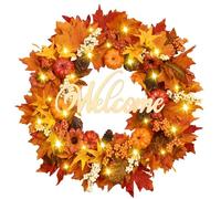 Waipfaru Fall Decor, Fall Wreaths for Front Door, Autumn Wreath with Lights and Welcome Sign, 20'' Outdoor Reef for Thanksgiving Farmhouse Front Porch Patio Decoration