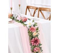 Waipfaru Flower Garland Decorations, 6.07Ft Pink Floral Rose Garland, Artificial Eucalyptus Greenery Vines with Flowers for Wedding Table Runner Centerpieces Backdrop Room Decor (Pink)
