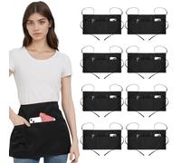 Waist Apron with 3 Pockets, 8 Pack Black Server Aprons, Tabards for Women with Pockets, Water Resistant Cleaning Apron, Long Straps Half Work Aprons for Chef Restaurant Server Work Bar