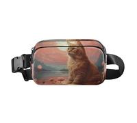 Waist Pack Bag Orange Cat and Pink Flowers Near The River Outdoor Fanny Pack Crossbody Bum Bags