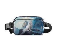 Waist Pack Bag White Cat on Hill in Front of Castle and Pink Flowers Outdoor Fanny Pack Crossbody Bum Bags