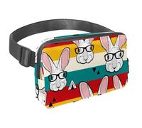 Waist Pack for Women Men, Outdoor Waist Bag Fanny Pack, Slim Running Belt Bum Bag for Walking Jogging Hiking Traveling Workout - Glasses Rabbit on Rainbow Stripes