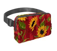 Waist Pack for Women Men, Outdoor Waist Bag Fanny Pack, Slim Running Belt Bum Bag for Walking Jogging Hiking Traveling Workout - Sunflower on Red Stripes