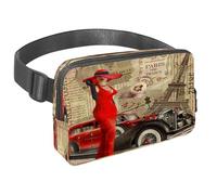 Waist Pack for Women Men, Outdoor Waist Bag Fanny Pack, Slim Running Belt Bum Bag for Walking Jogging Hiking Traveling Workout - Vintage French Newspaper Red Dress Women