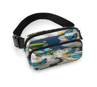 Waist Pack White Blooms Blue Butterflies Printed Butt Pack Fanny Pack Hip Bum Bag for Workout Traveling Casual Running Hiking Cycling, White Blooms Blue Butterflies, 7.9 X 5.1 in