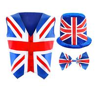 Waistcoat with Union Jack Print, Matching Bow Tie and Soft Union Jack Top Hat - Medium - King's, VE Day, Britain Fancy Dress Costume VE DAY COMMONWEALTH