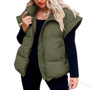 Waistcoat Women Plus Size Short Cotton Vest Jackets Stand Collar Warm Winter Coats Full Zip Solid Colours Sleeveless Outwear Casual Comfort Loose Cardigans Waistcoat with Pockets for Outdoor Green