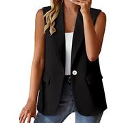 Waistcoat Women UK Navy Basic Sleeveless Waistcoat with Pockets Loose Fit V Neck Blazers Solid Color Waistcoat Lapel Collar Suit Jackets Business Small Suit Open Front Cardigan Gilet Office