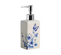 WAIT FLY Blue and White Ceramic Soap Dispenser with Plastic Pump, Refillable, 15 oz, Butterfly and Flower Pattern